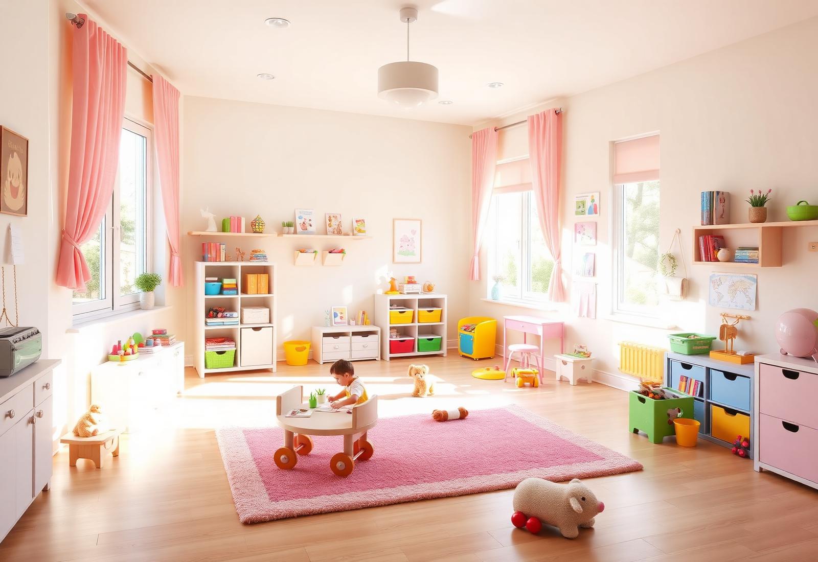 Bright cheerful home daycare playroom with colorful toys